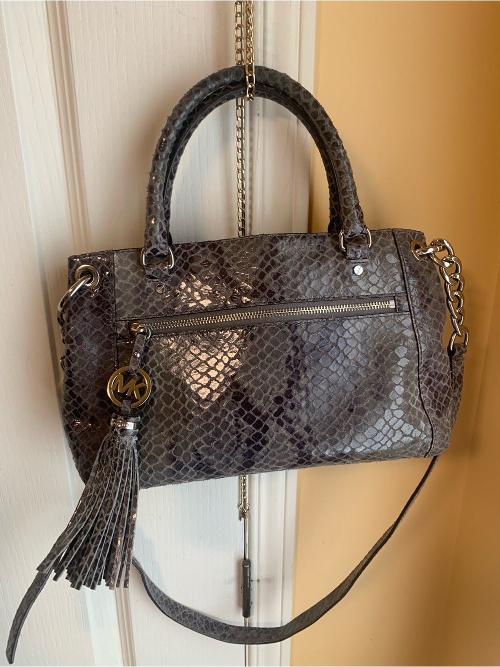 Michael Kors Dark Gray Snake-Embossed Leather Satchel with Tassel Charm
